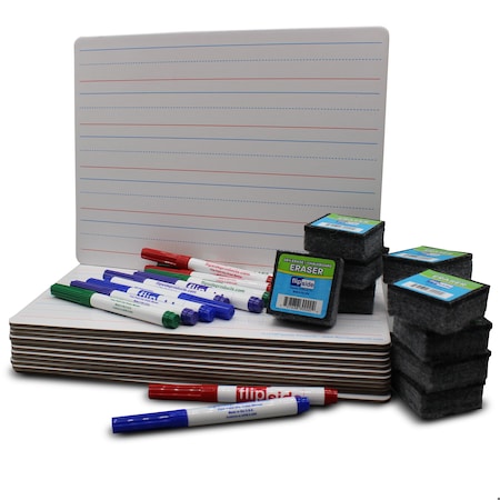 Flipside Double-Sided Magnetic Red & Blue Ruled Dry Erase Board 9in X 12in + Erasers + Markers, 12PK 19176